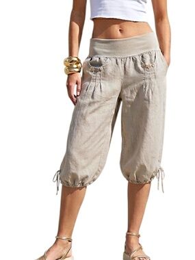 Italian linen beige lagenlook cropped relaxed low rise capri peddle pushers S